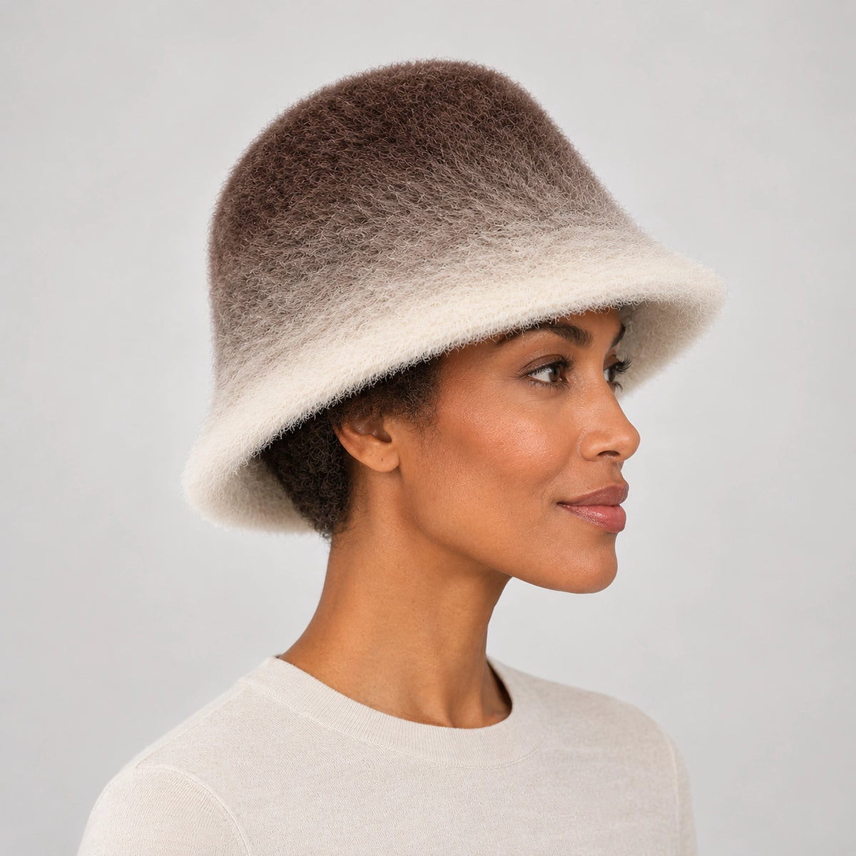 Lumiye Rabbit Fur Bucket Hat — Gradient Rabbit Fur Bucket Hat Brown (headwear model alt)