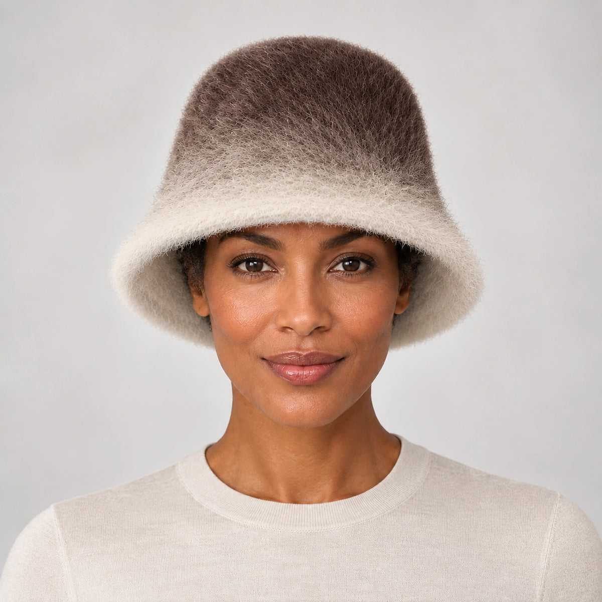 Lumiye Rabbit Fur Bucket Hat — Gradient Rabbit Fur Bucket Hat Brown (headwear model front)