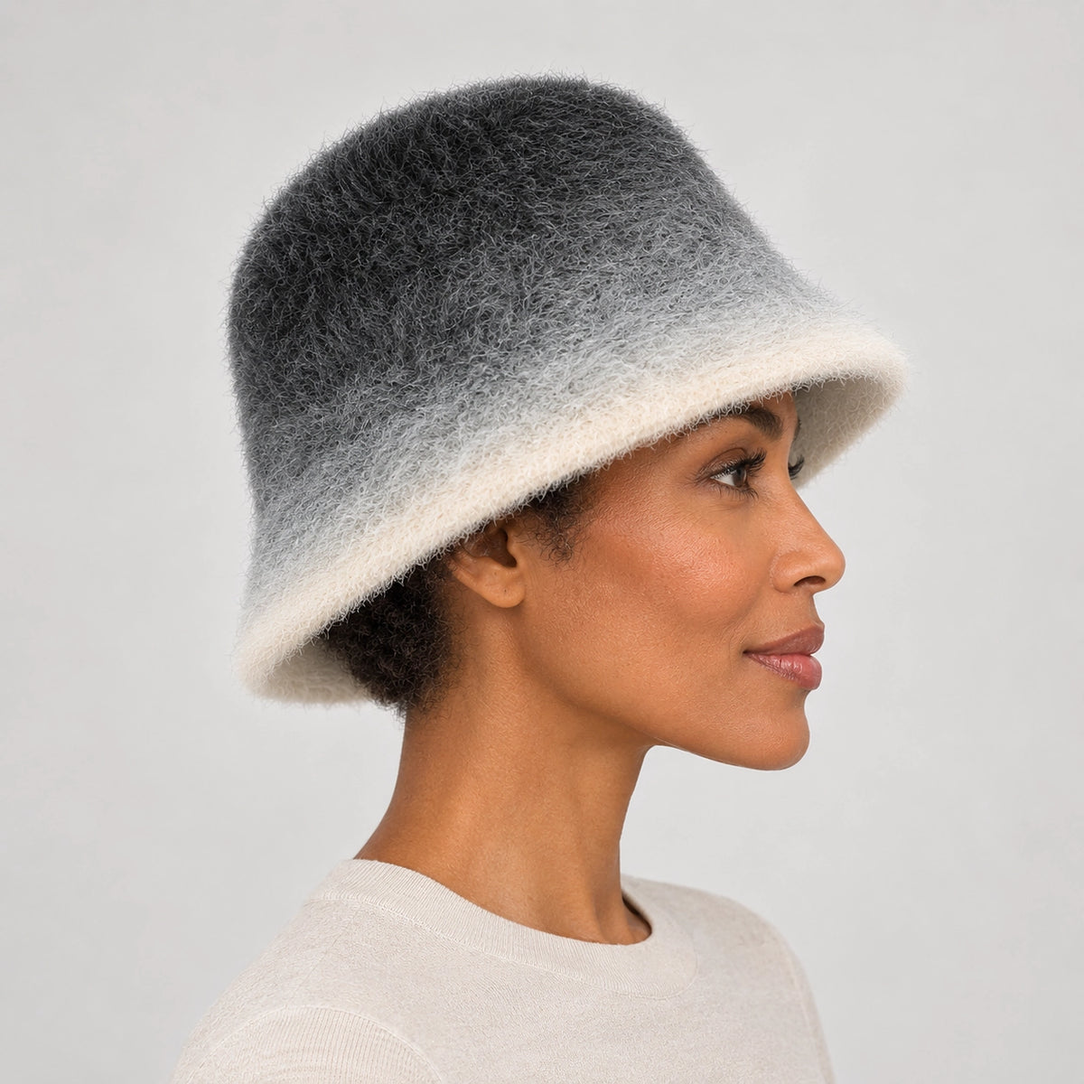 Lumiye Rabbit Fur Bucket Hat — Gradient Rabbit Fur Bucket Hat Gray (headwear model alt)