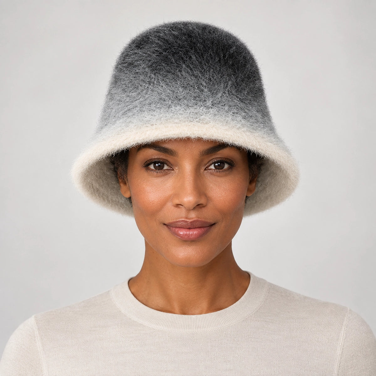 Lumiye Rabbit Fur Bucket Hat — Gradient Rabbit Fur Bucket Hat Gray (headwear model front)