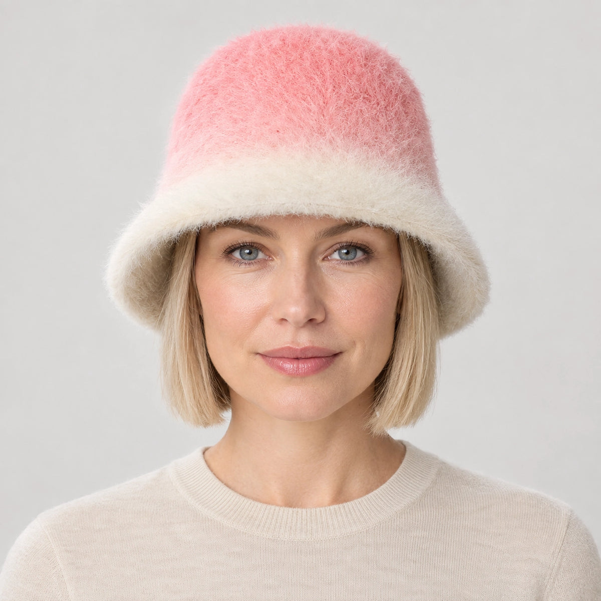 Lumiye Rabbit Fur Bucket Hat — Gradient Rabbit Fur Bucket Hat Pink (headwear model front)