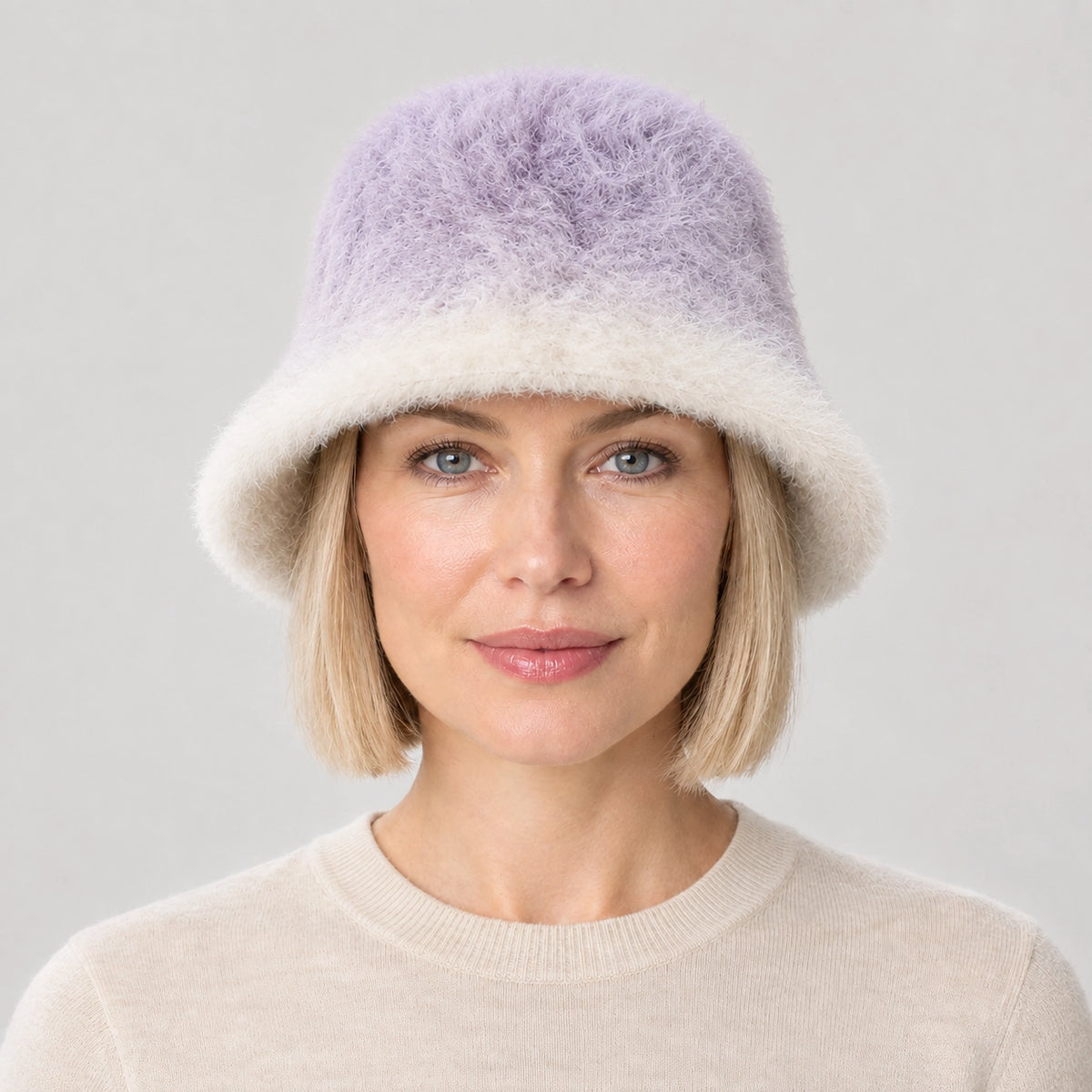 Lumiye Rabbit Fur Bucket Hat — Gradient Rabbit Fur Bucket Hat Purple (headwear model front)