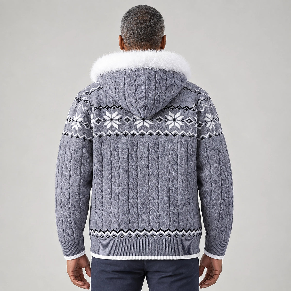 Halvern Cable-Knit Hooded Cardigan — Gray (apparel back)