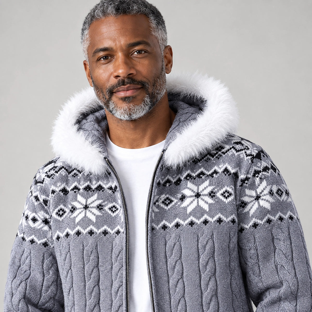 Halvern Cable-Knit Hooded Cardigan — Gray (apparel detail)
