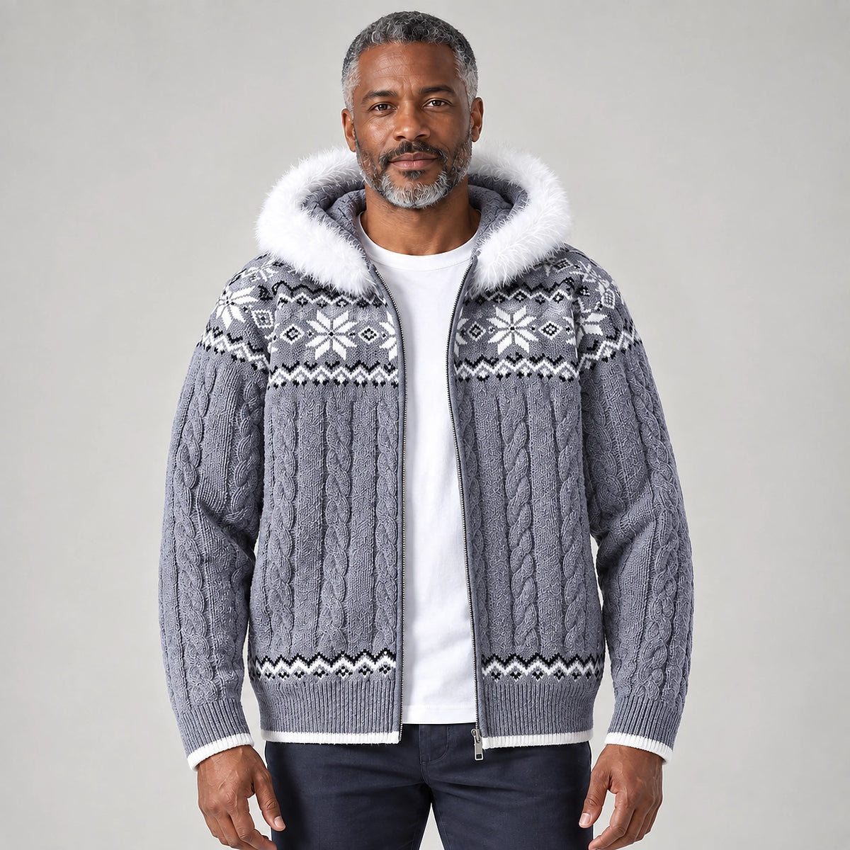 Halvern Cable-Knit Hooded Cardigan — Gray (apparel front)