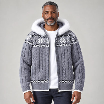 Halvern Cable-Knit Hooded Cardigan — Gray (apparel front)