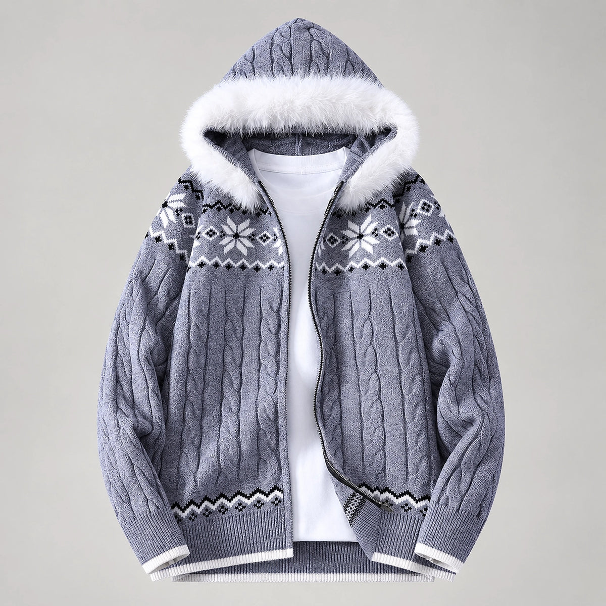 Halvern Cable-Knit Hooded Cardigan — Gray (apparel solo)