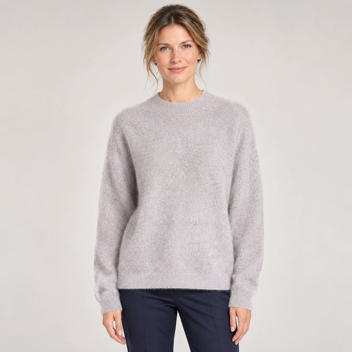 Beloru Cashmere Crewneck Sweater — Gray Beige (apparel front)