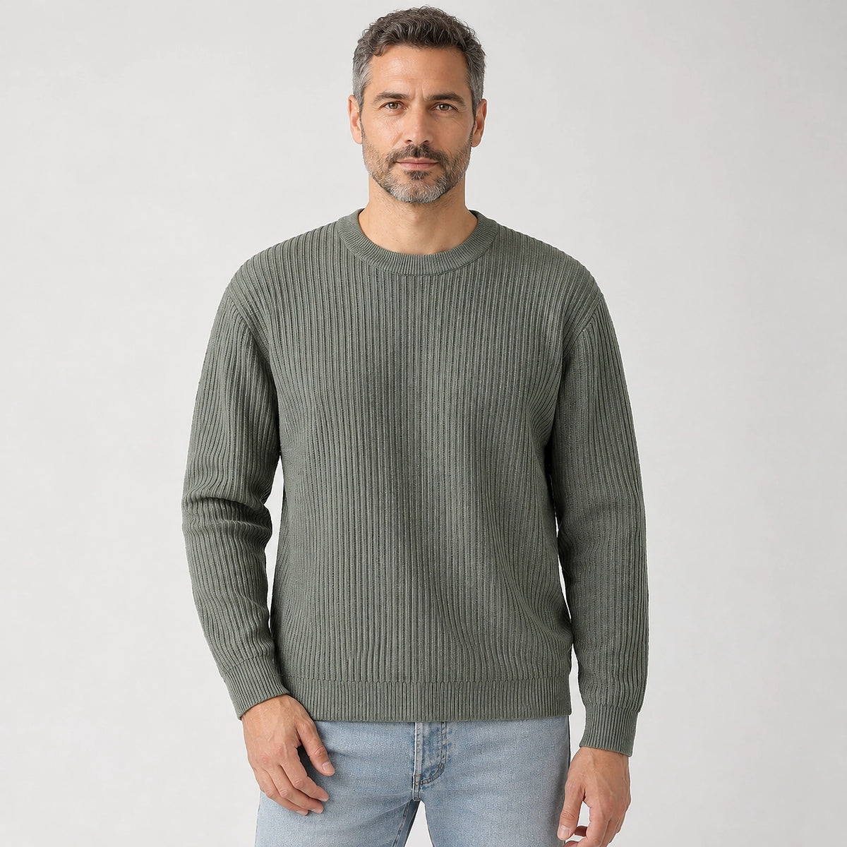Harlen Ribbed Crewneck Sweater — Gray Green (apparel front)