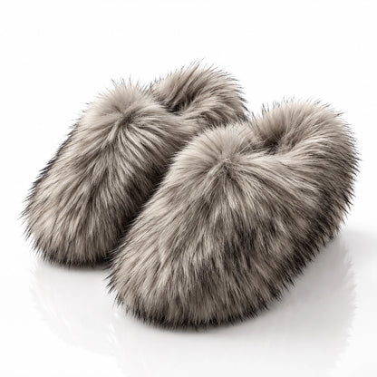Fioravessa Plush Slippers — Gray (imitation Raccoon Fur) (womens shoe hero)