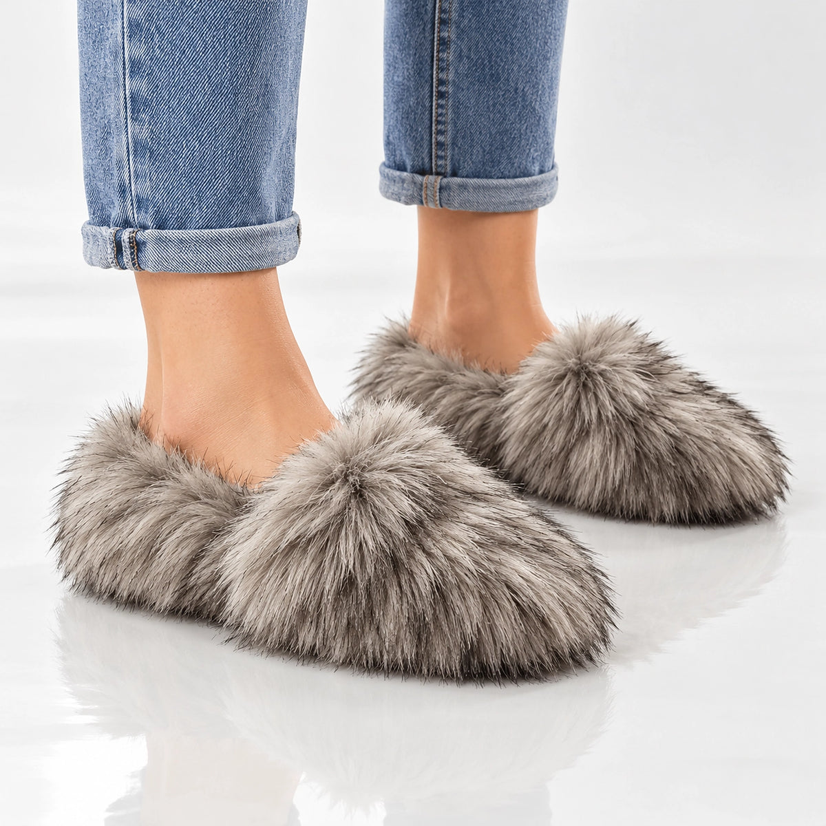 Fioravessa Plush Slippers — Gray (imitation Raccoon Fur) (womens shoe worn)