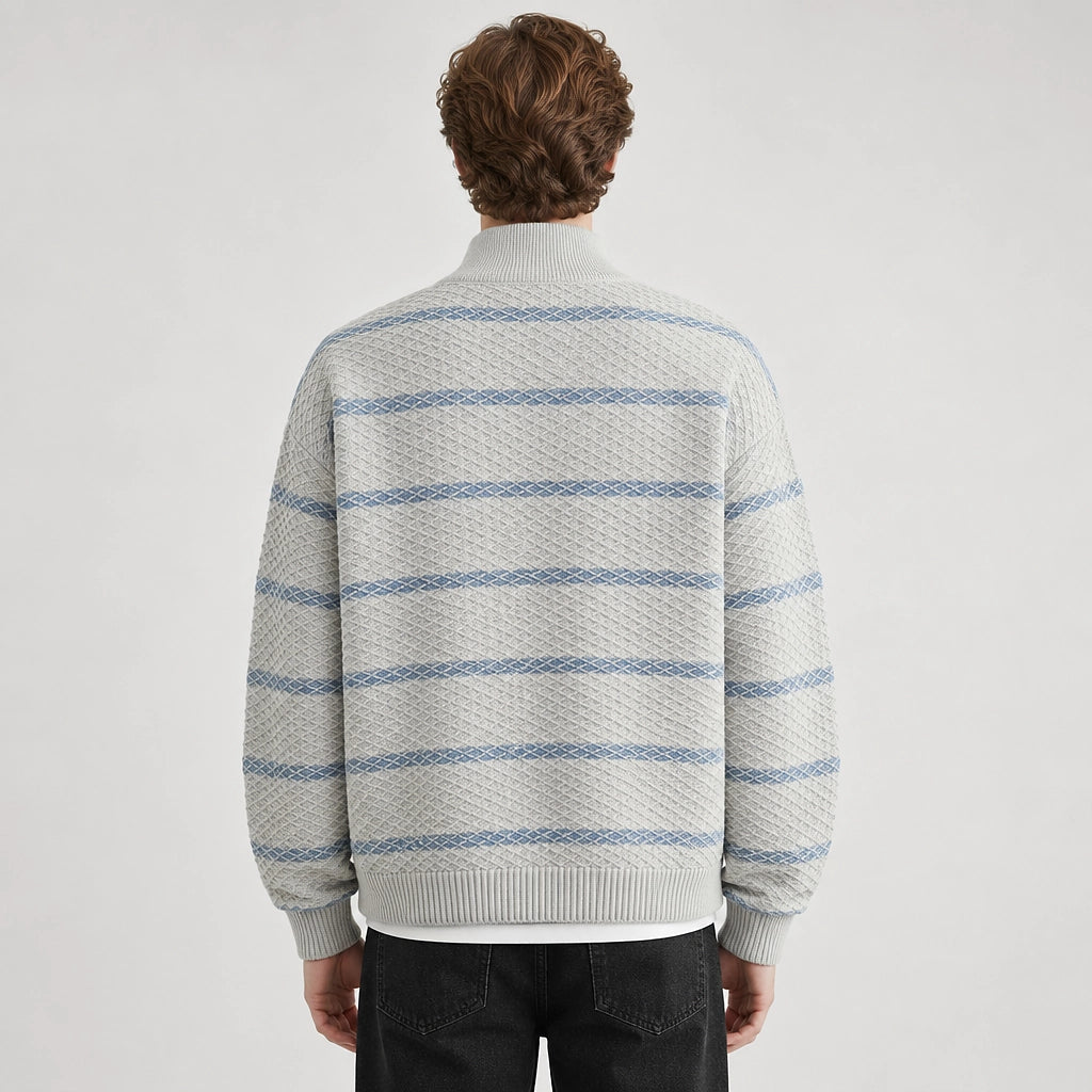 Drevon Striped Knit Cardigan — Grayish White (apparel back)
