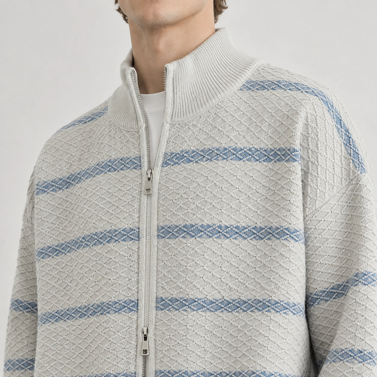 Drevon Striped Knit Cardigan — Grayish White (apparel detail)