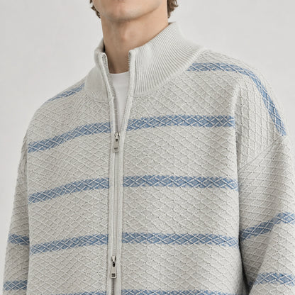Drevon Striped Knit Cardigan — Grayish White (apparel detail)