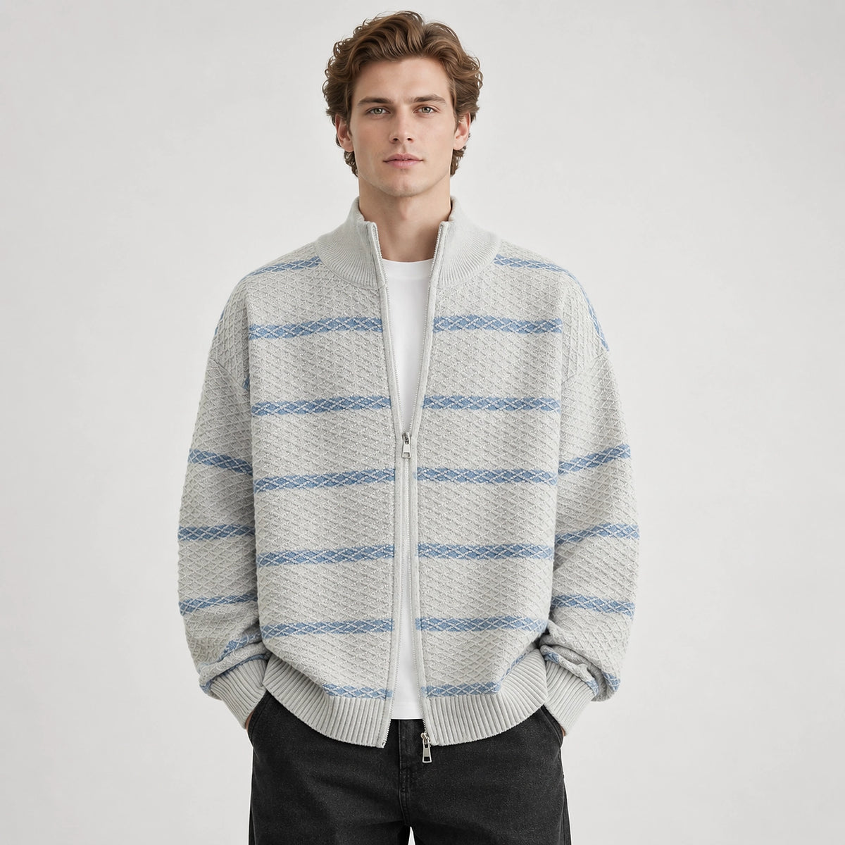 Drevon Striped Knit Cardigan — Grayish White (apparel front)