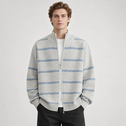 Drevon Striped Knit Cardigan — Grayish White (apparel front)