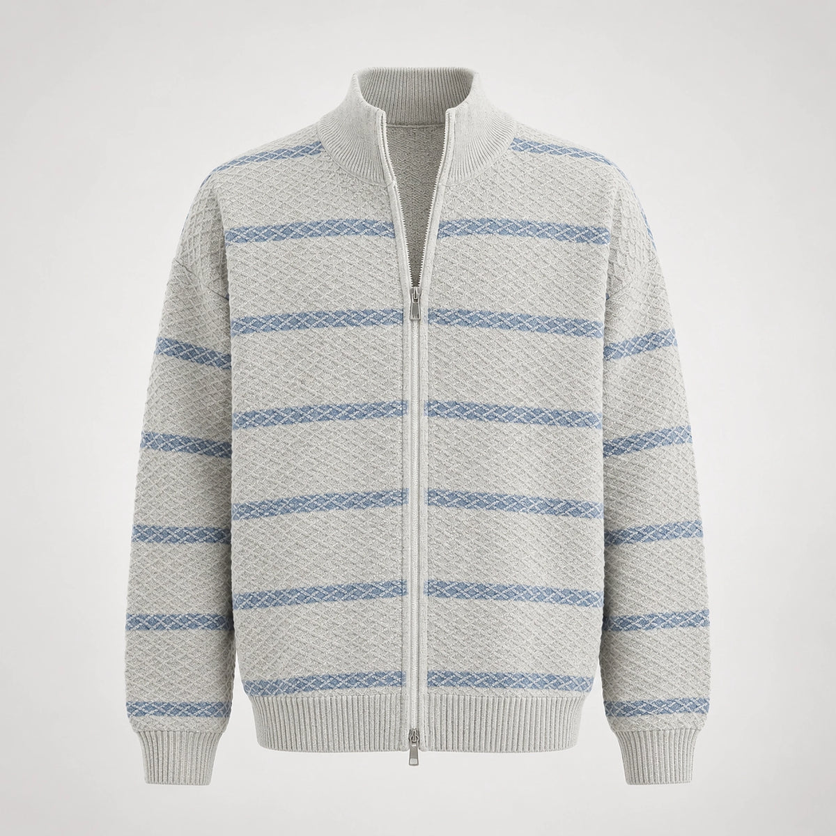 Drevon Striped Knit Cardigan — Grayish White (apparel solo)