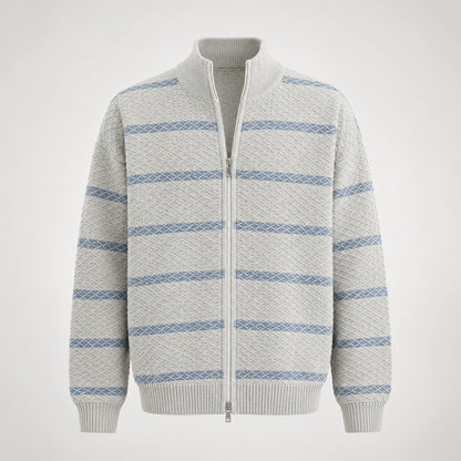 Drevon Striped Knit Cardigan — Grayish White (apparel solo)