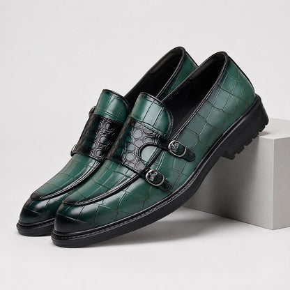Delvano Leather Double Monk Loafers — Green (mens shoe pedestal)