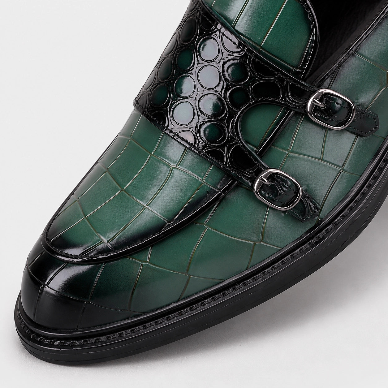 Delvano Leather Double Monk Loafers — Green (mens shoe zoom)