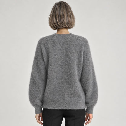 Halvern Fuzzy Knit Cardigan — Grey (apparel back)