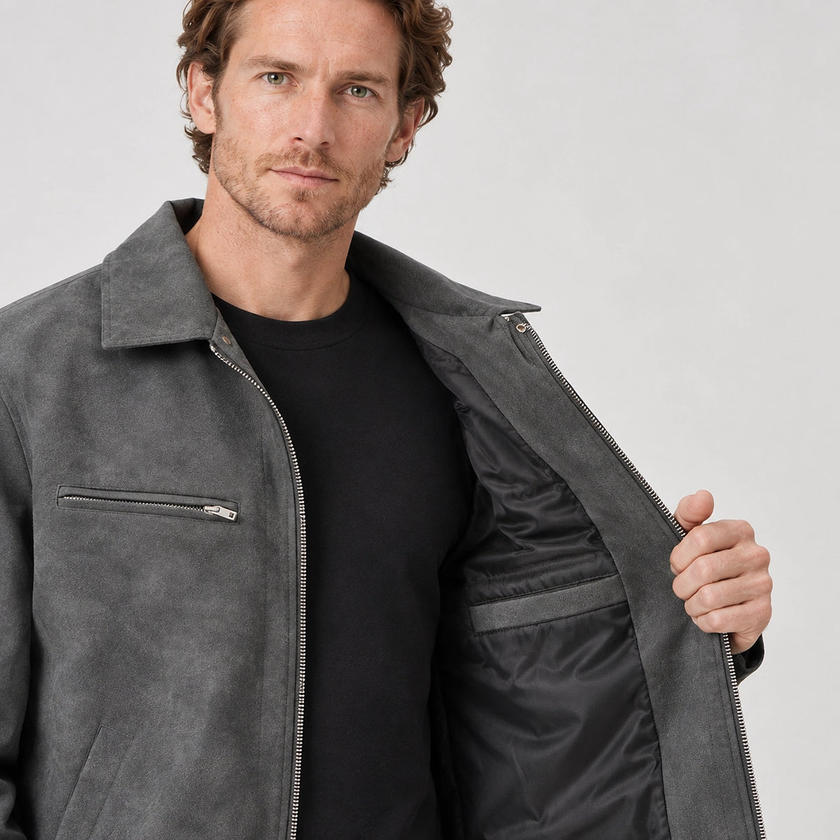 Halvern Leather Bomber Jacket — Grey (apparel detail)