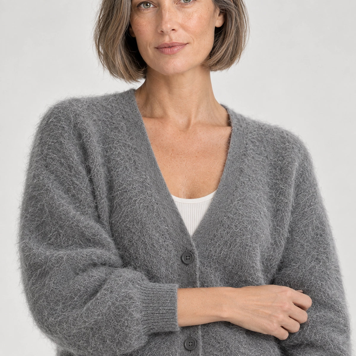 Halvern Fuzzy Knit Cardigan — Grey (apparel detail)