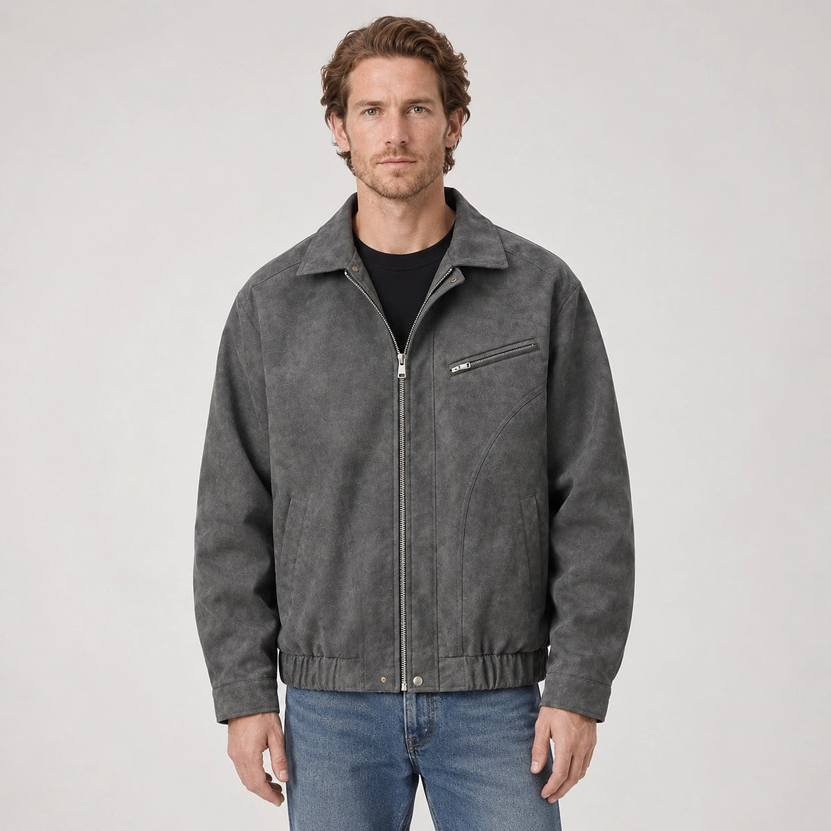 Halvern Leather Bomber Jacket — Grey (apparel front)