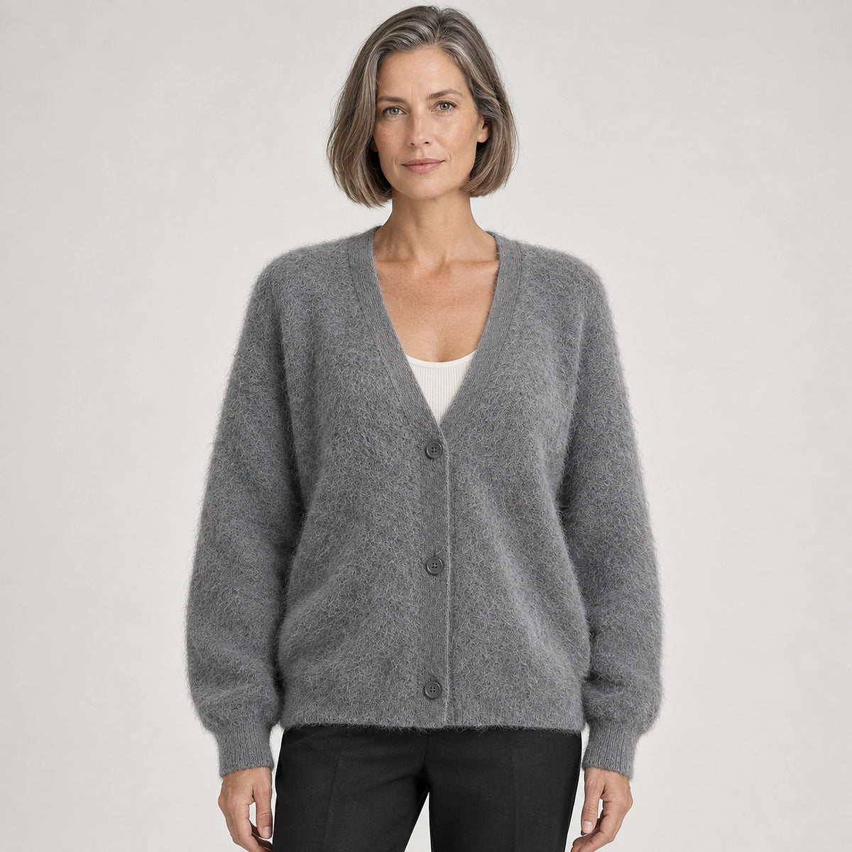 Halvern Fuzzy Knit Cardigan — Grey (apparel front)