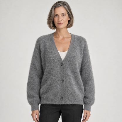 Halvern Fuzzy Knit Cardigan — Grey (apparel front)