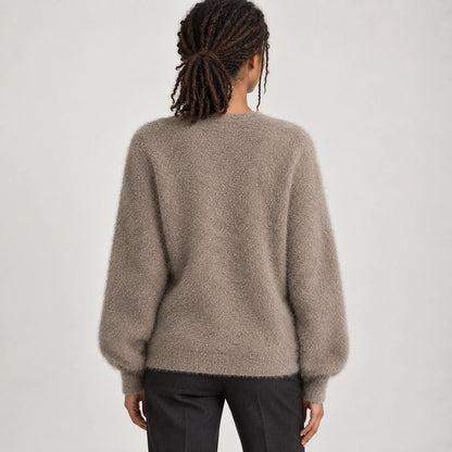 Halvern Fuzzy Knit Cardigan — Khaki (apparel back)