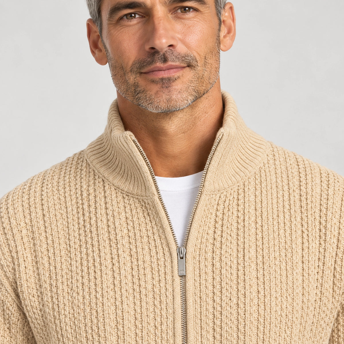 Daxton Ribbed Knit Cardigan — Khaki (apparel detail)