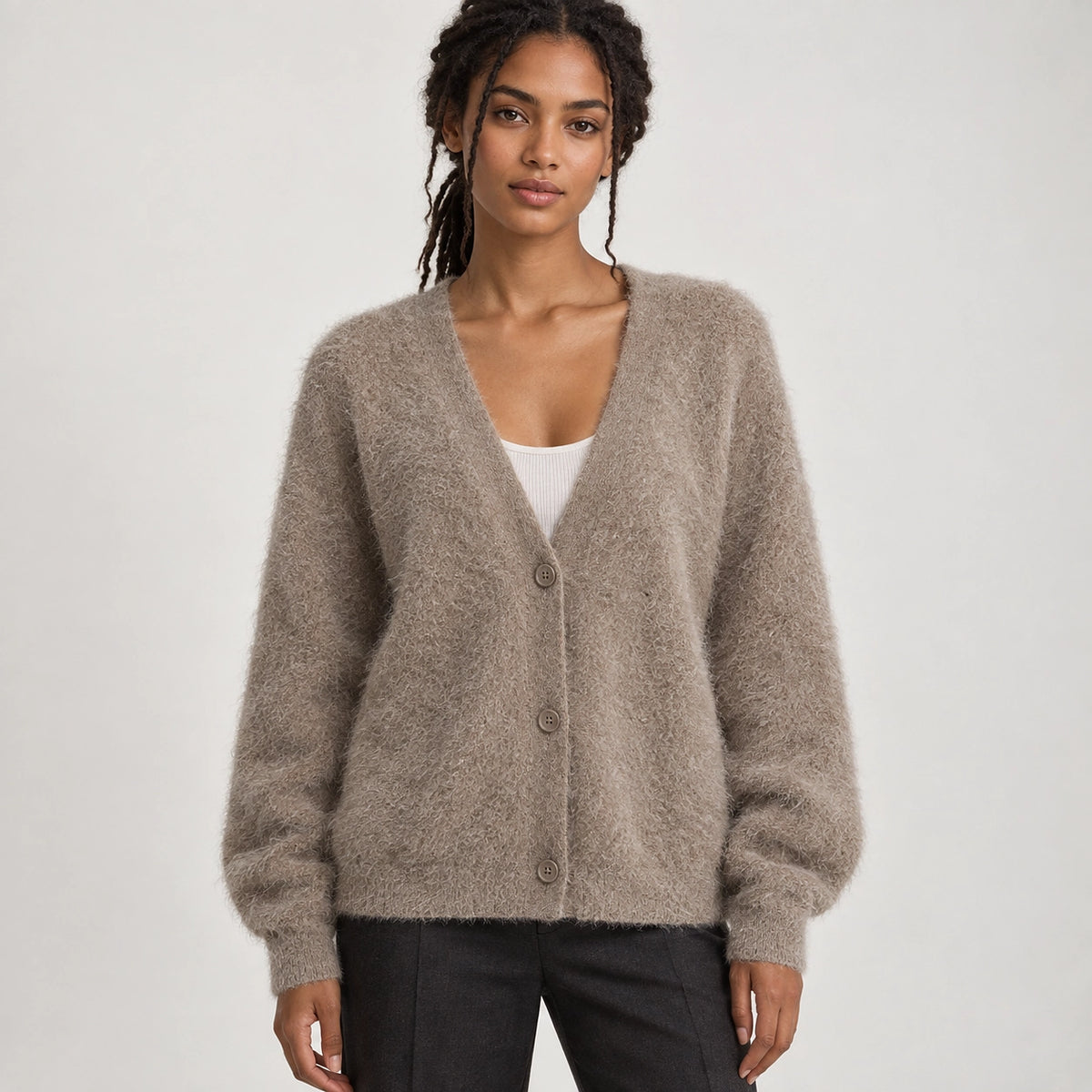 Halvern Fuzzy Knit Cardigan — Khaki (apparel front)