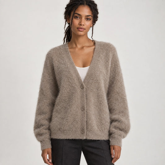 Halvern Fuzzy Knit Cardigan — Khaki (apparel front)