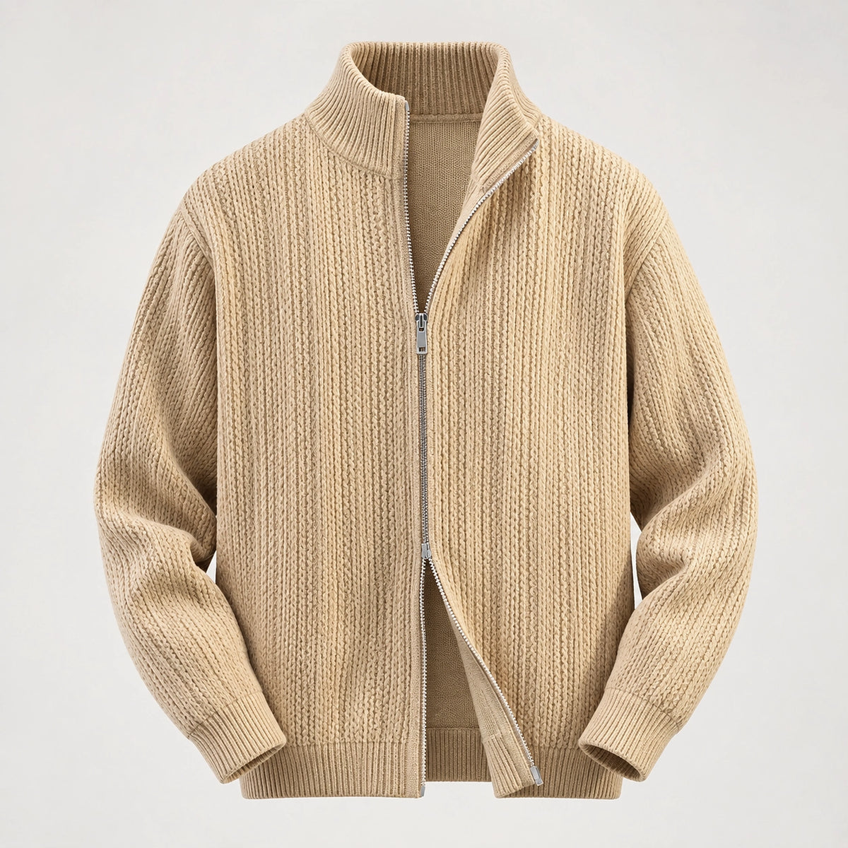 Daxton Ribbed Knit Cardigan — Khaki (apparel solo)
