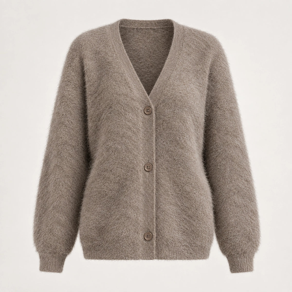 Halvern Fuzzy Knit Cardigan — Khaki (apparel solo)
