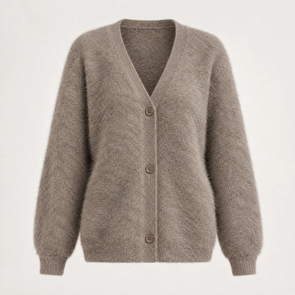Halvern Fuzzy Knit Cardigan — Khaki (apparel solo)
