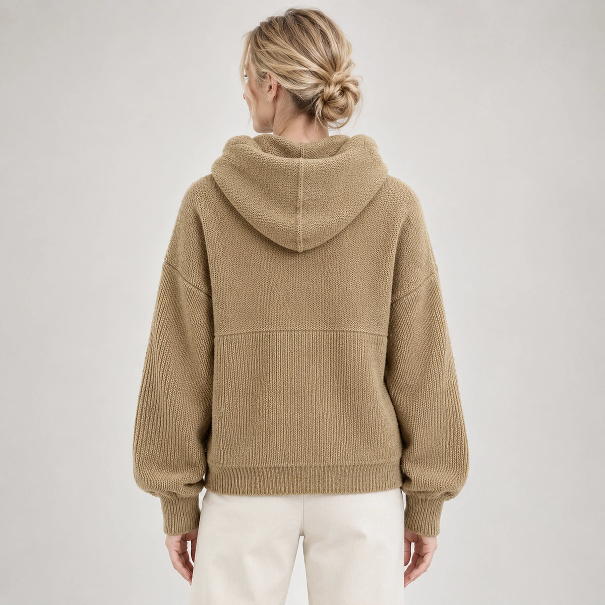 Delwyn Hooded Knit Sweater — Khaki Color (apparel back)