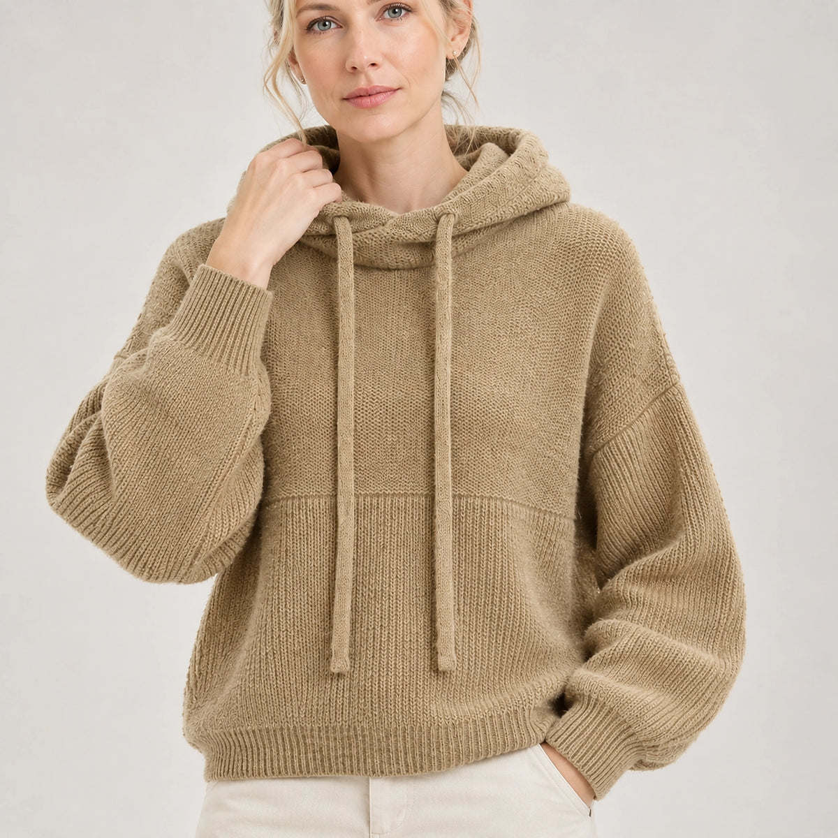 Delwyn Hooded Knit Sweater — Khaki Color (apparel detail)