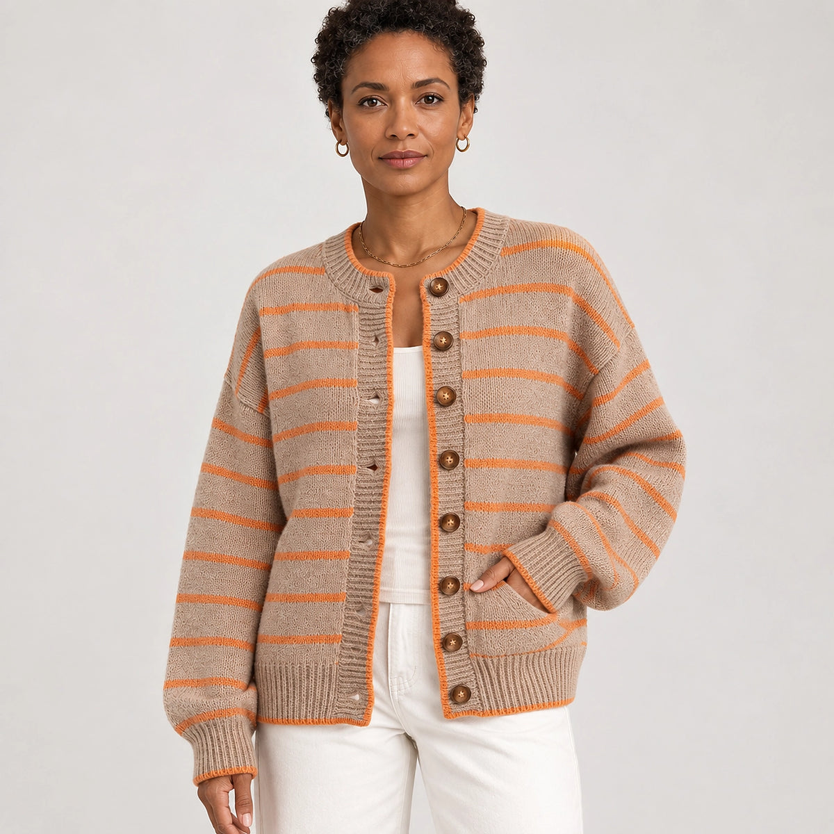 Halcourt Striped Knit Cardigan — Khaki Color (apparel detail)