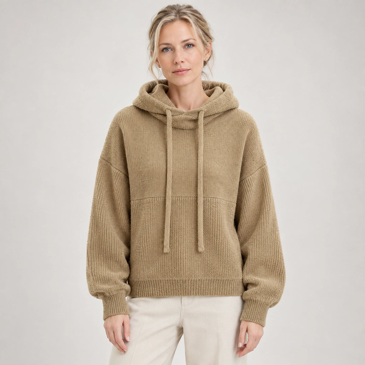 Delwyn Hooded Knit Sweater — Khaki Color (apparel front)