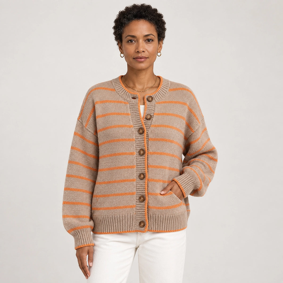 Halcourt Striped Knit Cardigan — Khaki Color (apparel front)