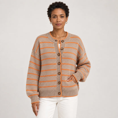 Halcourt Striped Knit Cardigan — Khaki Color (apparel front)