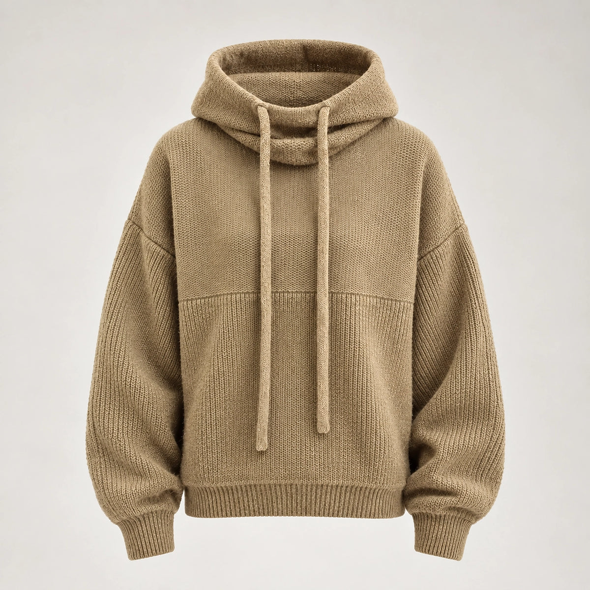 Delwyn Hooded Knit Sweater — Khaki Color (apparel solo)