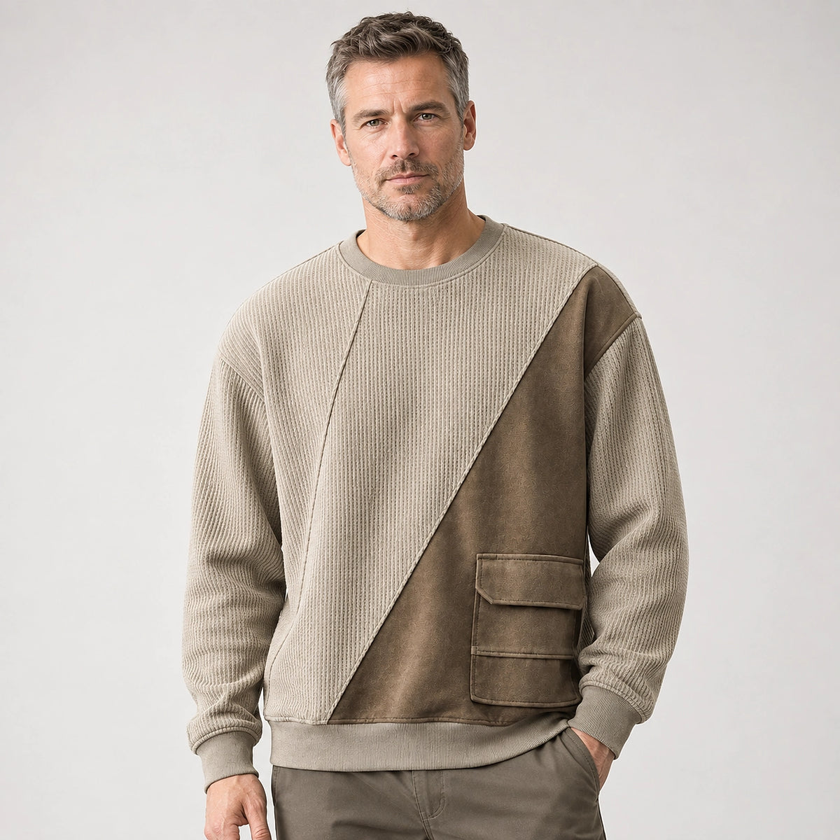 Halvern Colorblock Crewneck Sweatshirt — Khaki & Olive (apparel front)