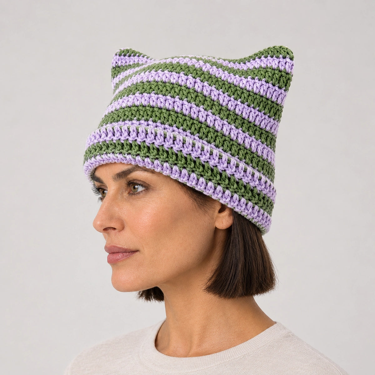 Delphi Cat Ear Crochet Beanie — Lavender Green Stripe (headwear model alt)