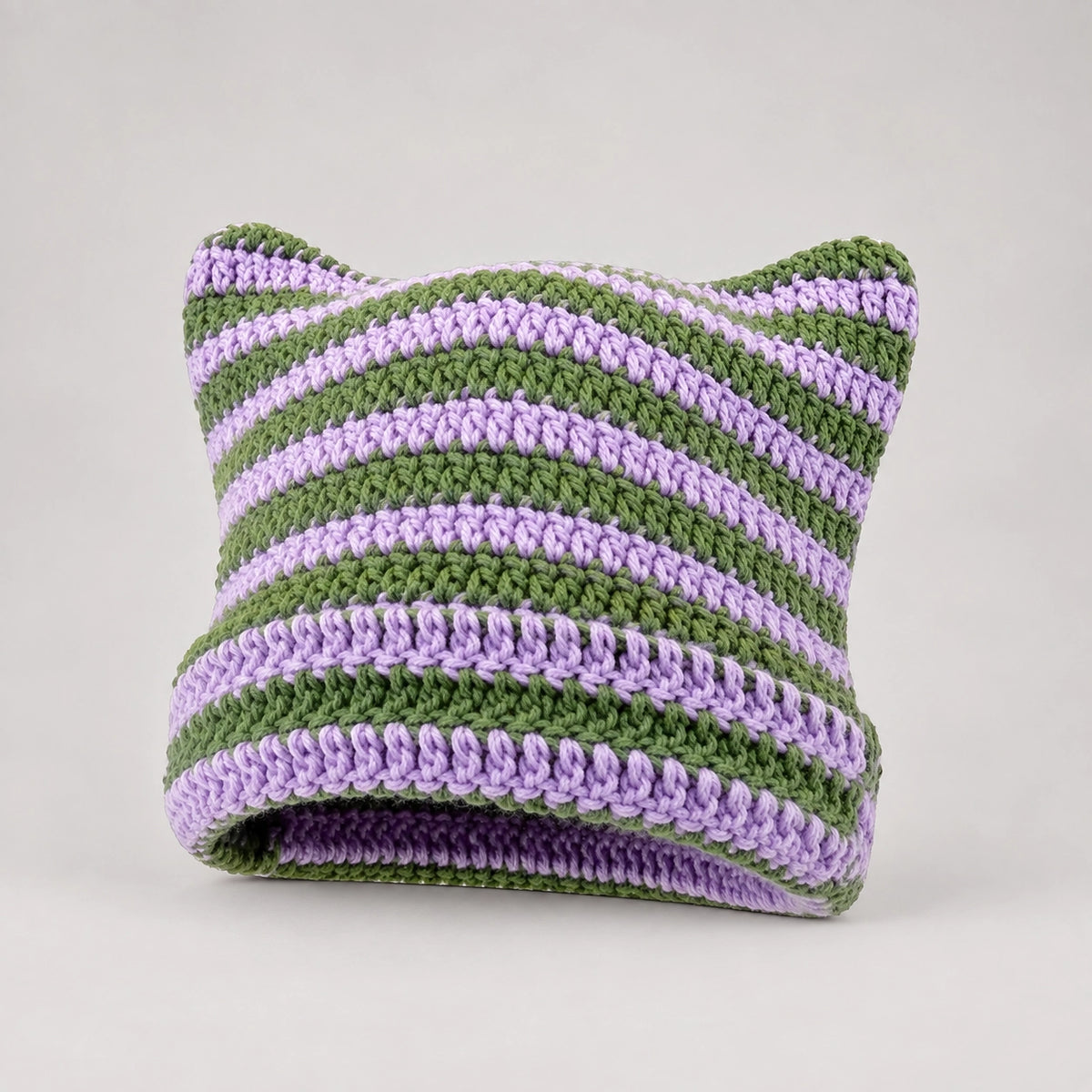 Delphi Cat Ear Crochet Beanie — Lavender Green Stripe (headwear solo front)