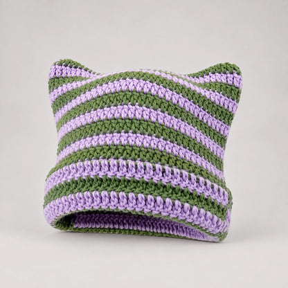 Delphi Cat Ear Crochet Beanie — Lavender Green Stripe (headwear solo front)