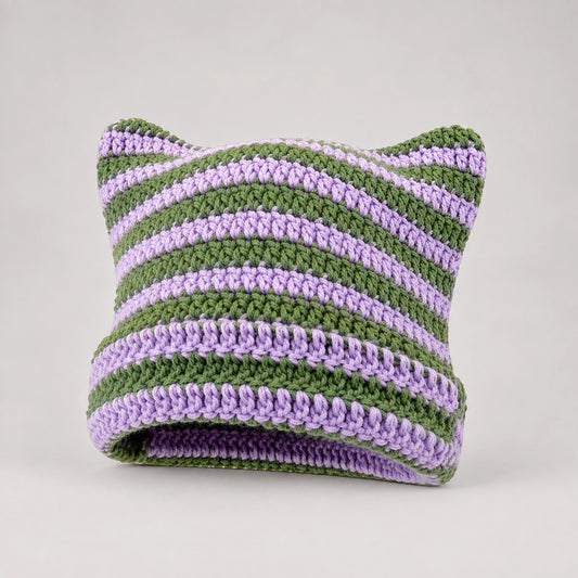 Delphi Cat Ear Crochet Beanie — Lavender Green Stripe (headwear solo front)