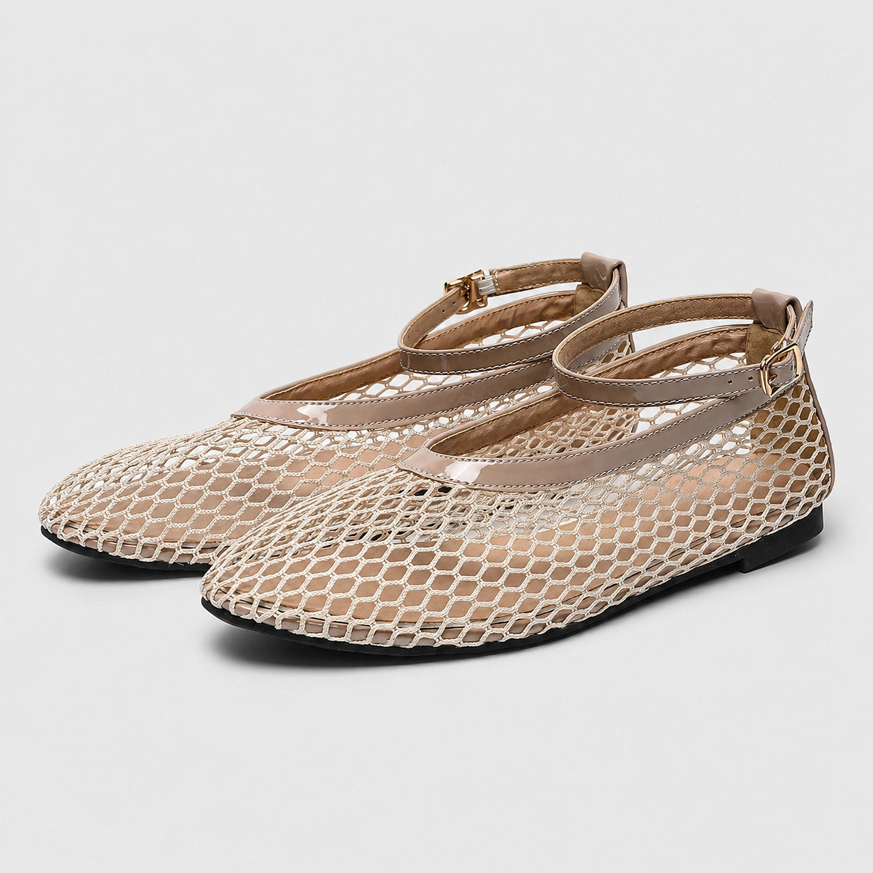 Calla Mesh Ankle Strap Flats — Leopard (studio with model)
